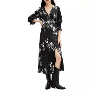 All Saints Ani Iona Black White Smocked Floral Long Sleeve Midi Dress Size 8